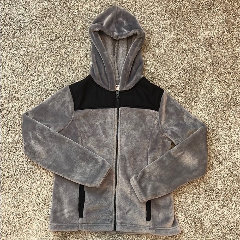 Kids Plush Fleece Hooded Jacket with Color Block Design - Gray and Black